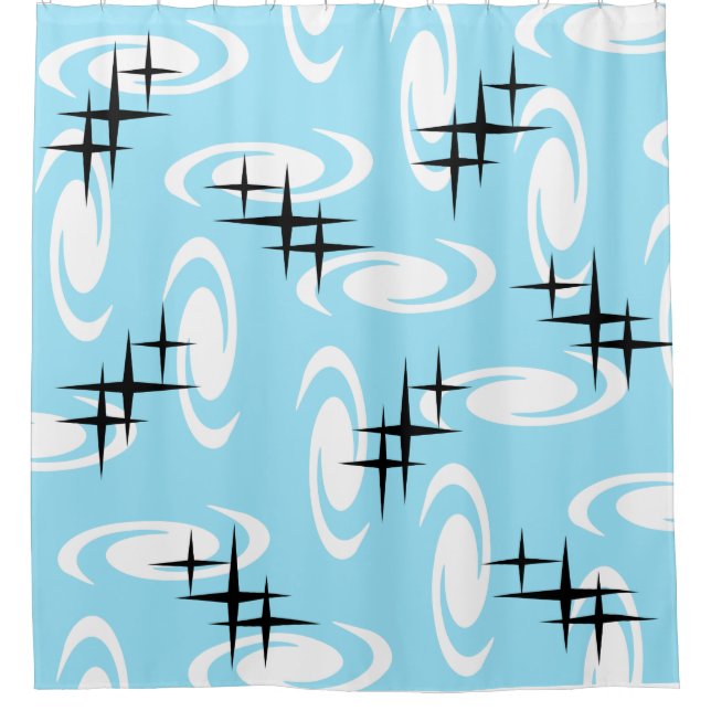 Retro Atomic Age Swirls Stars Pattern Baby Blue Shower Curtain (Front)