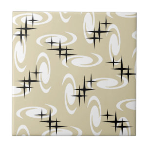 Retro Atomic Age Swirls Stars Pattern Beige Ceramic Tile