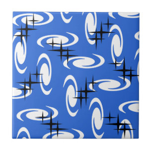Retro Atomic Age Swirls Stars Pattern Blue Ceramic Tile