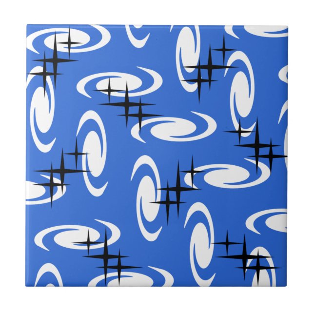 Retro Atomic Age Swirls Stars Pattern Blue Ceramic Tile (Front)