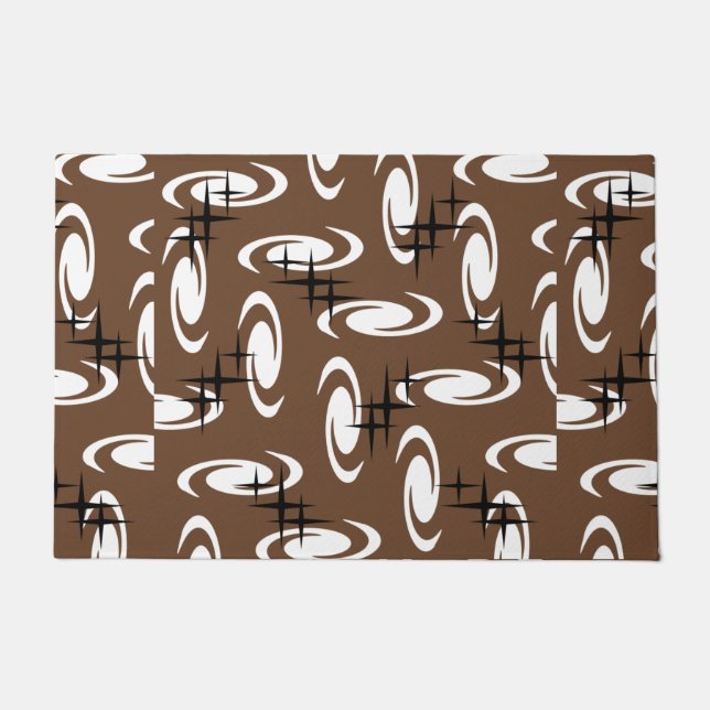 Retro Atomic Age Swirls Stars Pattern Brown Doormat (Front)