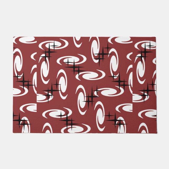 Retro Atomic Age Swirls Stars Pattern Burgundy Doormat (Front)