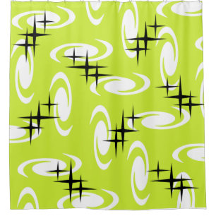 Retro Atomic Age Swirls Stars Pattern Chartreuse Shower Curtain