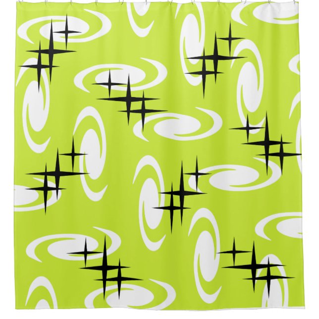 Retro Atomic Age Swirls Stars Pattern Chartreuse Shower Curtain (Front)
