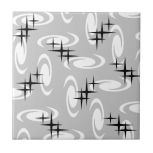 Retro Atomic Age Swirls Stars Pattern Light Grey Ceramic Tile