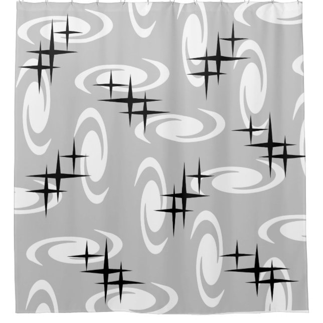 Retro Atomic Age Swirls Stars Pattern Light Grey Shower Curtain (Front)