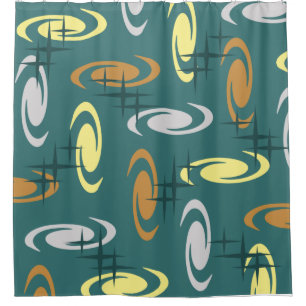 Retro Atomic Age Swirls Stars Pattern Multicolored Shower Curtain