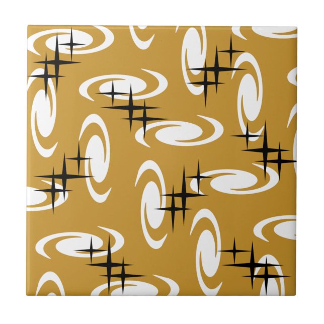 Retro Atomic Age Swirls Stars Pattern Ochre Ceramic Tile (Front)