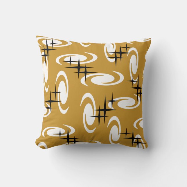 Retro Atomic Age Swirls Stars Pattern Ochre Cushion (Front)