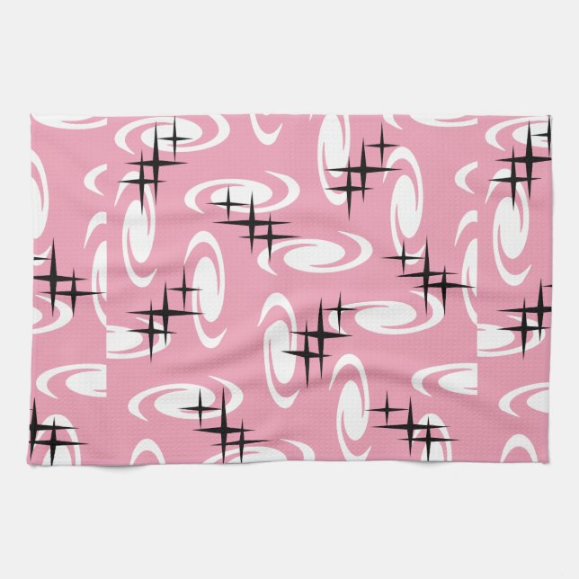 Retro Atomic Age Swirls Stars Pattern Pink Tea Towel (Horizontal)