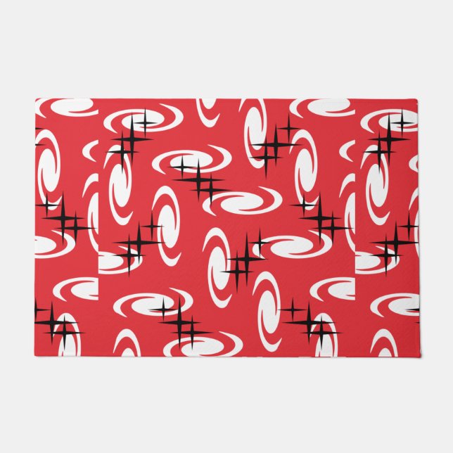 Retro Atomic Age Swirls Stars Pattern Red Doormat (Front)