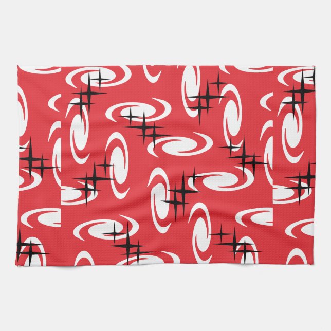 Retro Atomic Age Swirls Stars Pattern Red Tea Towel (Horizontal)