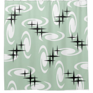 Retro Atomic Age Swirls Stars Pattern Sage Green Shower Curtain