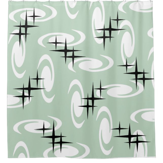 Retro Atomic Age Swirls Stars Pattern Sage Green Shower Curtain (Front)