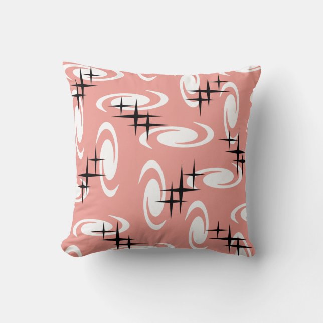 Retro Atomic Age Swirls Stars Pattern Salmon Pink Cushion (Front)