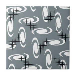 Retro Atomic Age Swirls Stars Pattern Slate Grey Ceramic Tile