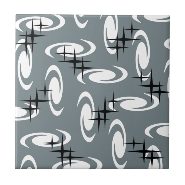 Retro Atomic Age Swirls Stars Pattern Slate Grey Ceramic Tile (Front)