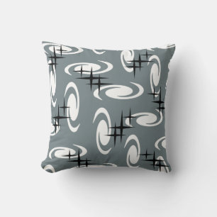 Retro Atomic Age Swirls Stars Pattern Slate Grey Cushion