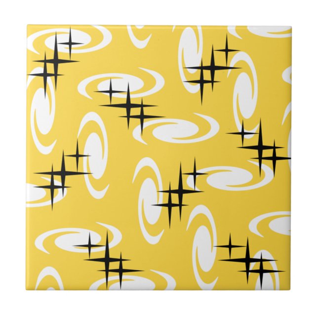 Retro Atomic Age Swirls Stars Pattern Yellow Ceramic Tile (Front)