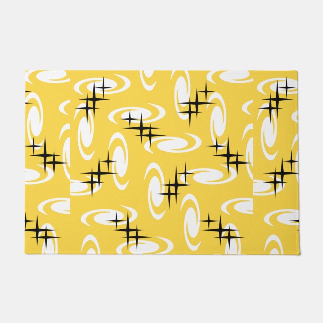 Retro Atomic Age Swirls Stars Pattern Yellow Doormat (Front)