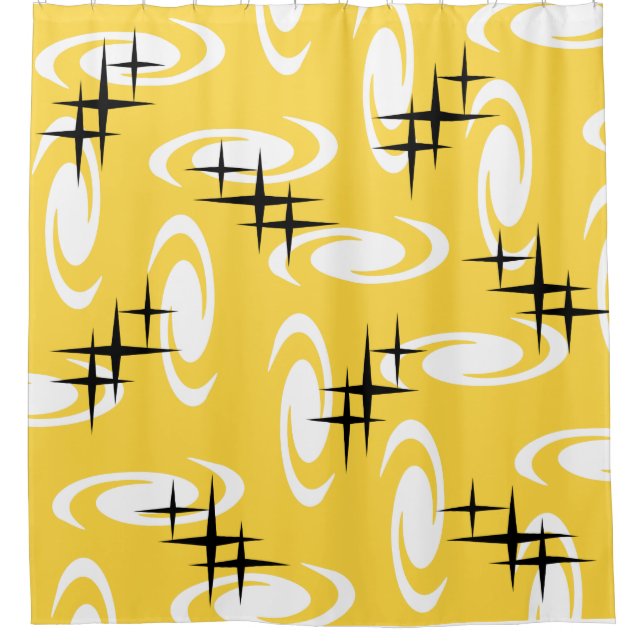 Retro Atomic Age Swirls Stars Pattern Yellow Shower Curtain (Front)