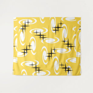 Retro Atomic Age Swirls Stars Pattern Yellow Tapestry