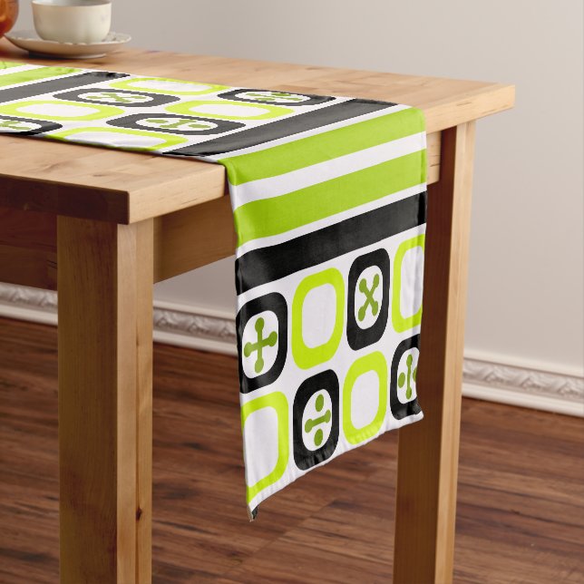 Retro Atomic Art Squares Lines Chartreuse Short Table Runner (In Situ)
