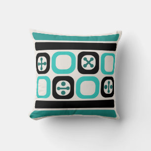 Retro Atomic Art Squares Lines Turquoise Cushion