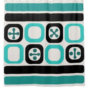 Retro Atomic Art Squares Lines Turquoise Shower Curtain