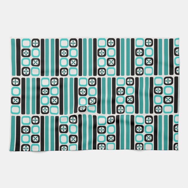 Retro Atomic Art Squares Lines Turquoise Tea Towel (Horizontal)