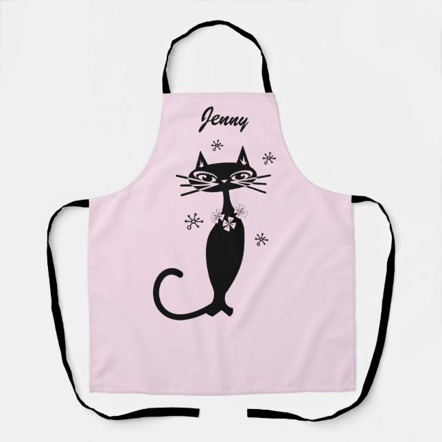 Retro Atomic Black Cat Personalised Kitchen Apron (Front)