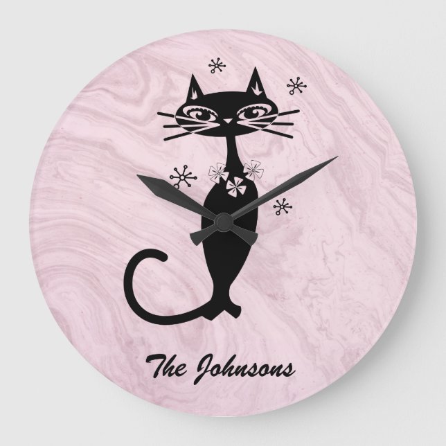 Retro Atomic Black Cat Personalised Kitchen Clock (Front)