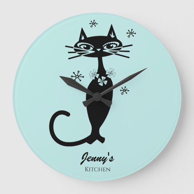 Retro Atomic Black Cat Personalised Kitchen Clock (Front)