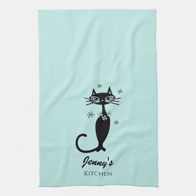 Retro Atomic Black Cat Personalised Kitchen Towel (Vertical)