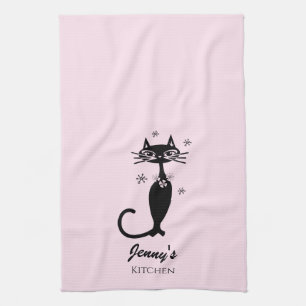 Retro Atomic Black Cat Personalised Kitchen Towel
