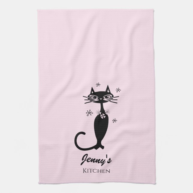 Retro Atomic Black Cat Personalised Kitchen Towel (Vertical)