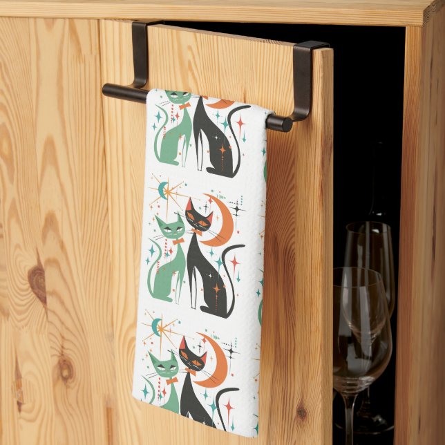 Retro Atomic Cats Black Turquoise Tea Towel (Thirds Fold)