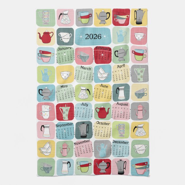 Retro Atomic Coffee 2026 Calendar Tea Towel (Vertical)