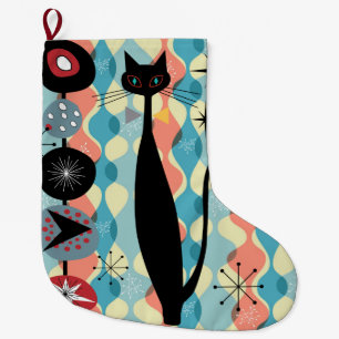 Retro Atomic Era Cool Cat Blue Christmas Stocking