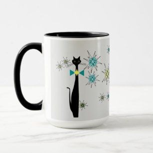 Retro Atomic Era Cool Cat & Stars Grey Mid Century Mug