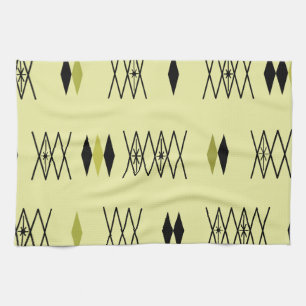 Retro Atomic Era Diamonds Pattern Chartreuse Tea Towel