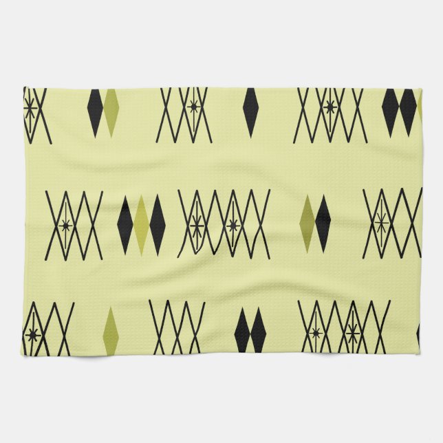 Retro Atomic Era Diamonds Pattern Chartreuse Tea Towel (Horizontal)