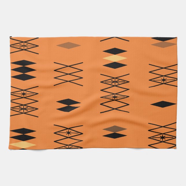 Retro Atomic Era Diamonds Pattern Orange Tea Towel (Horizontal)