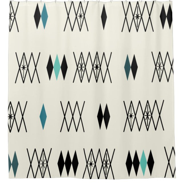 Retro Atomic Era Diamonds Pattern Turquoise Shower Curtain (Front)