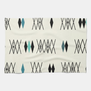 Retro Atomic Era Diamonds Pattern Turquoise Tea Towel