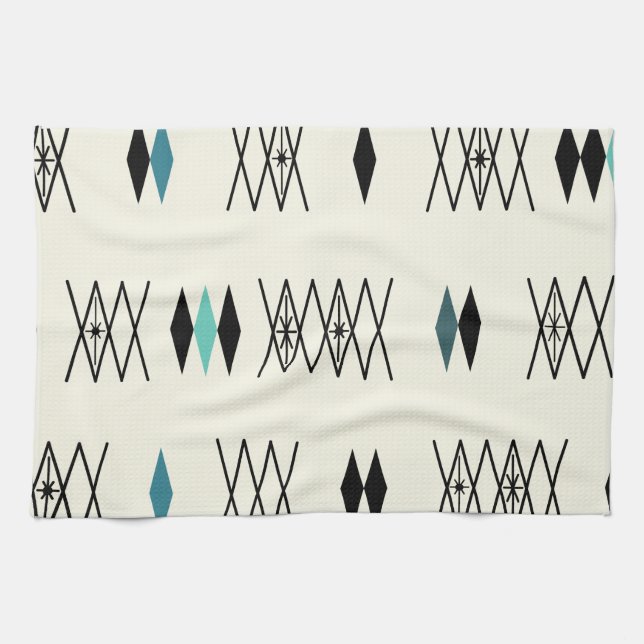 Retro Atomic Era Diamonds Pattern Turquoise Tea Towel (Horizontal)