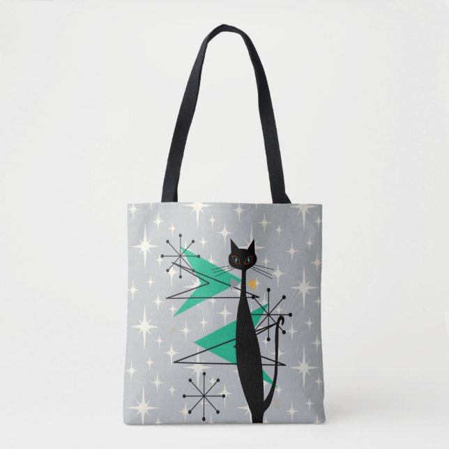 Retro Atomic Era MCM Cool Cat on Grey Tote Bag (Front)