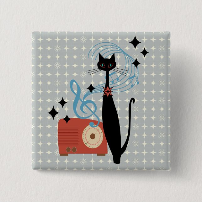 Retro Atomic Era Mid Century Modern Cat & Radio   15 Cm Square Badge (Front)