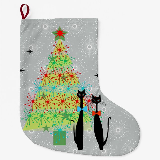 Retro Atomic Era Mid Century Modern Christmas Cats Large Christmas Stocking (Front)