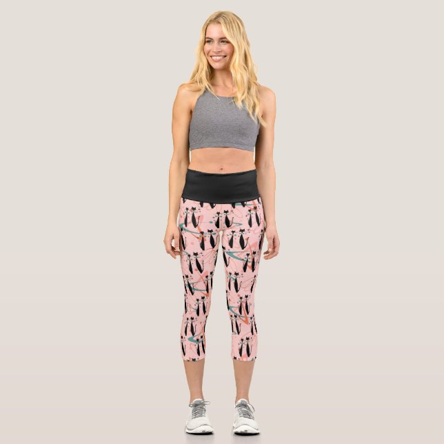 Retro Atomic Era Mid Century Modern Cool Cats Capri Leggings (Front)